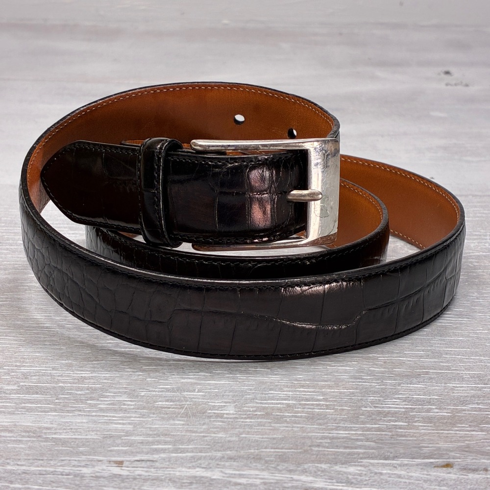 Trafalgar Belt Mens 38 Black Wilson Italian Calfskin Croc Embossed Leather Dress